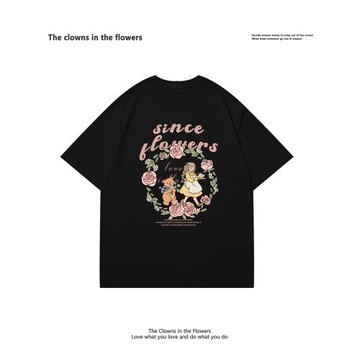 oddnova夏季花環女孩卡通圖案美式復古短袖寬松純棉t袖女