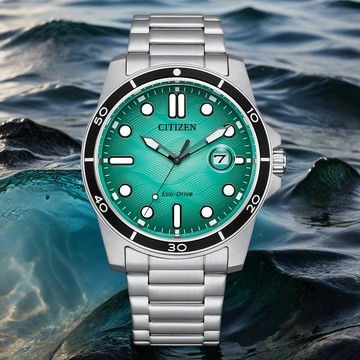 CITIZEN 星辰 光動能水波紋手錶-湖水綠 AW1816-89L