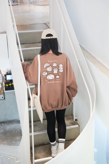 Dumpling party-雙面刷毛Oversize大學T (咖)