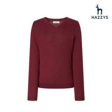 【HAZZYS】女款酒紅色柔和羊毛針織修身剪裁奢華設計V領毛衣 YSWDC760