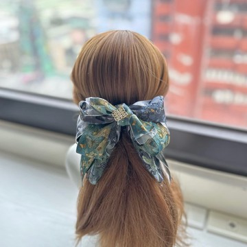 華麗蝴蝶結蕾絲相交夾香蕉夾抓夾馬尾夾髮夾-墨綠色