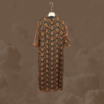 二手 咖啡黑 藥果花紋 網狀繡花 古董訂製 短袖 旗袍 CA1125