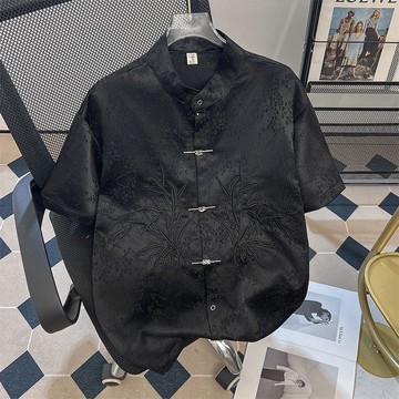 國潮新中式提花立領短袖襯衫男 夏季復古暗紋肌理盤扣中山裝上衣服