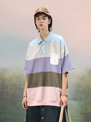 UNVESNO煙雨 彩色拼接橫條口袋POLO衫短袖T恤夏季中性 SWS-1519