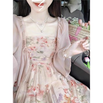 2025新款茶歇法式高級感雪紡長裙碎花吊帶連衣裙開衫兩件套裝女夏