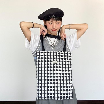 馬戲團系列 小眾設計師經典黑白單肩帆布手提布袋  棋盤格黑