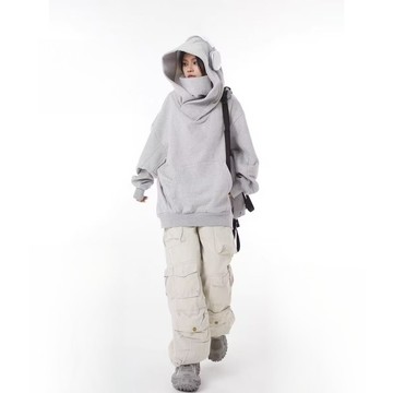 2024秋冬季新款社恐麵罩外套女美式忍者衝鋒衛衣加絨重磅高領連帽衫