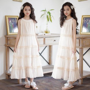 女童連衣裙夏季無袖吊帶長裙子2024新款中大童兒童女孩洋氣雪紡裙