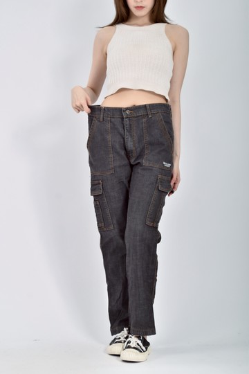 (2XL) wintop高腰丹寧牛仔質感棉質工裝感藍色長褲