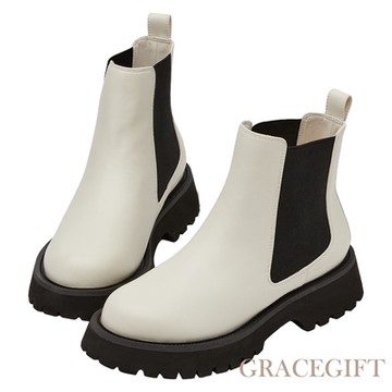 【Grace Gift】經典人氣圓頭厚底切爾西短靴 米白