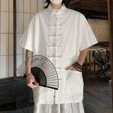 快速出貨 台灣現貨亞麻短袖袖男民族風國潮立領盤扣大尺碼百搭中式日系復古潮牌透氣排汗居士