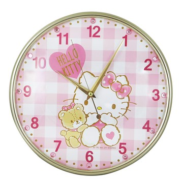 hello kitty 甜美格子亮鑽超靜音掛鐘 jm-1569kt-b