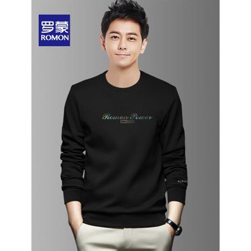 羅蒙加絨加厚衛衣男士秋季2025新款寬松運動休閑黑色圓領長袖上衣