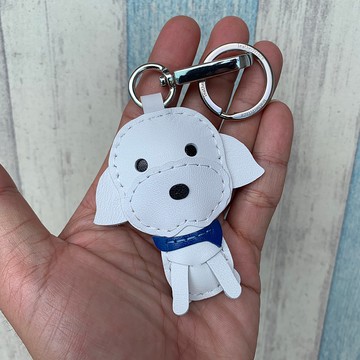 療癒小物 白色 馬爾濟斯狗 純手工縫製 皮革 鑰匙扣 小尺寸