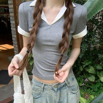 短袖t恤夏2026潮正肩短款簡約純色修身撞色翻領韓版上衣女裝短袖上衣 短款上衣 體恤 氣質顯瘦 寬鬆百搭上衣 半袖上衣