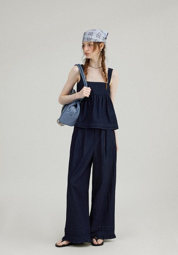 哥女孩的週末 復古牛仔背心上衣 闊腿褲套裝