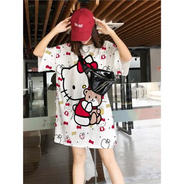 新客立減網眼冰絲速干中長款卡通短袖t恤女胖MM個性寬松連衣裙潮