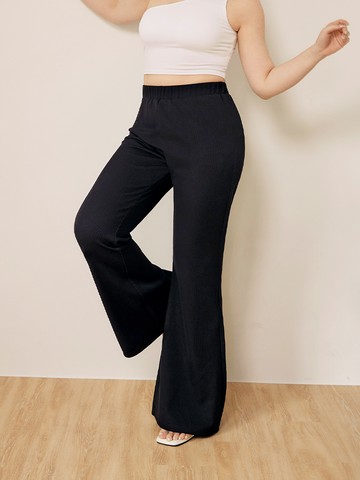 雲朵自訂款-坑條彈力腰鬆緊喇叭落地長褲