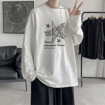【台灣熱銷】M-8XL 情侶 圓領上衣 長袖T恤 印花 大碼 美式復古上衣 寬鬆T恤 長袖打底 特色上衣 落肩