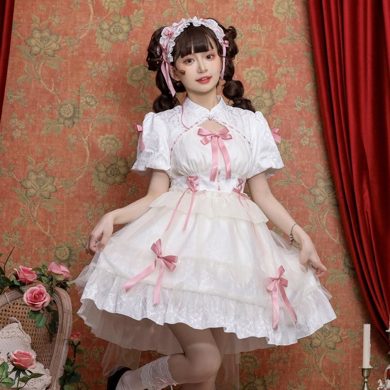 中華ロリータ ワンピース ドレス 半袖 メイド服 ゴスロリ チャイナ服 ゆめかわいい ゴシックロリータ 天使 小悪魔 中華風 姫 白 黒 3色 通販 Lineポイント最大get Lineショッピング