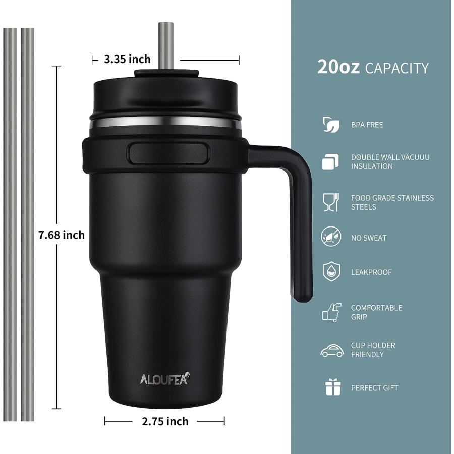 ALOUFEA 20 oz Insulated Coffee Mug Tumbler with Handle  Stainless Steel Travel Mug Tumbler with Lid and Straw Double Wall Vacuum Leak Proof Ice Cof