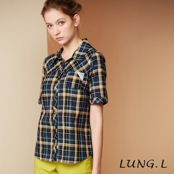 LUNG.L林佳樺 藍色格紋正斜拼接棉質短袖女裝上衣LR98A