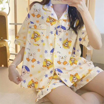 DUYI~夢詩睡衣女夏季ins卡通可愛維尼熊印花學生韓版寬鬆短袖家居服套裝