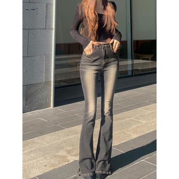 韓國東大門性感豐胯牛仔褲做舊水洗顯身材喇叭褲開叉提臀顯腰長褲