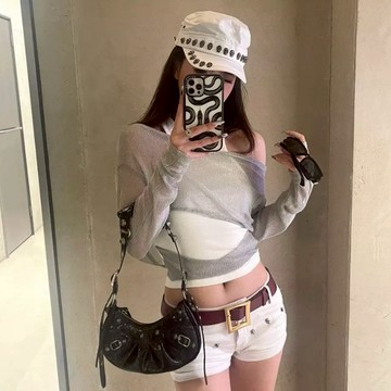 套裝 INS韓系網紗透膚罩衫長袖短版上衣內搭緊身顯瘦背心兩件式套裝大碼女裝 10929