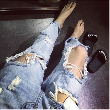 潮牌夏季九分褲男士淺色大破洞牛仔褲修身小腳薄款潮流韓版牛仔褲