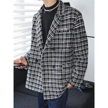 春秋復古小香風格子西裝外套男寬松日系痞帥小眾百搭休閑西服夾克