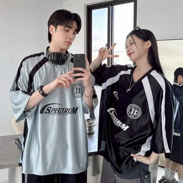 WP|韓版 亮面撞色V領球衣  男女可穿 情侶  黑 銀 18869