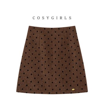 毛呢半身裙女冬季新款氣質復古波點咖色短裙包臀顯瘦高腰a字裙子