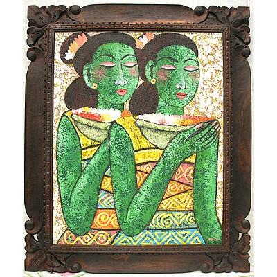 バリアート絵画L縦『二人の女性』緑  おしゃれな アジアン インテリア 壁掛け エスニック アート オブジェ アジアン雑貨