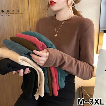 【QV3864】魔衣子-素色磨毛秋冬內搭外穿圓領長袖上衣