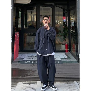 Batterup春秋新款上衣日系寬松純色大口袋廓形長袖襯衫外套男潮牌