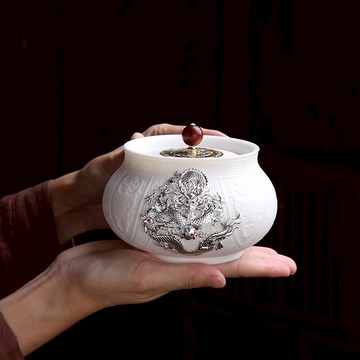 羊脂玉瓷鑲銀茶葉罐白瓷密封罐大號陶瓷存儲罐家用送禮醒茶罐
