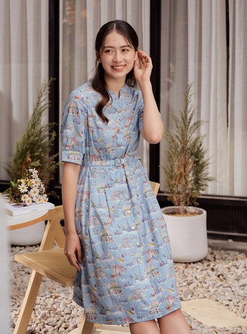 歐風漫遊印花棉質洋裝（附腰帶）