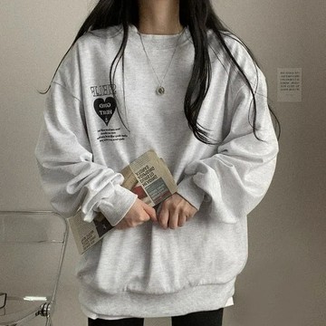 Vuja de 純棉圓領衛衣 大學t 薄衛衣 oversize 大學t 長袖 秋冬上衣 愛心印花 潮流衣服 刷毛 衣服女