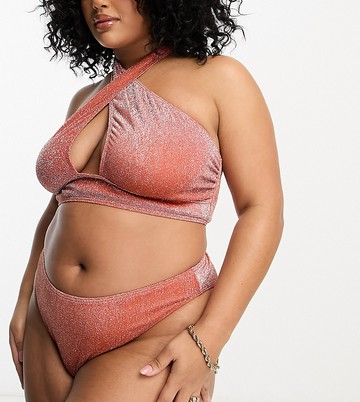 South Beach Curve Exclusive halter wraparound bikini top in rust metallic-Brown