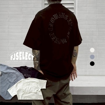 ［FJ select］歌德字圓環刺繡 麂皮絨 短T 短踢 寬鬆 落肩 圓領 短袖上衣 男生短袖 女上衣 情侶 T恤
