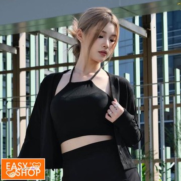 【EASY SHOP】Banana Pie-BRA TOP-刷毛V領開襟外套-墨黑