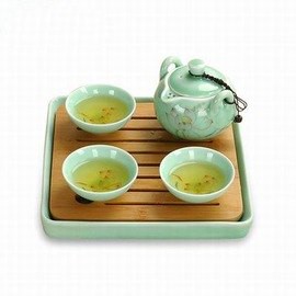 【快客杯-水芝-一壺三杯一盤/套-壺170ml杯30ml-1套/組】整套手繪青瓷竹制乾泡茶盤小客房旅行居家套裝(送旅行包)-7501015