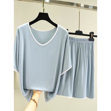 莫代爾睡衣女2025年新款夏季薄款V領棉綢短袖套裝大碼寬松家居服