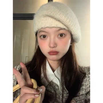 含羊毛線帽子針織貝雷帽女秋冬白保暖顯臉小畫家帽百搭大頭圍灰色