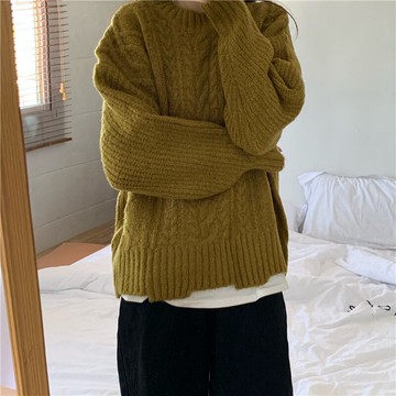 裝復古麻花粗線長袖毛衣女慵懶風寬松文藝外穿針織衫上衣1入