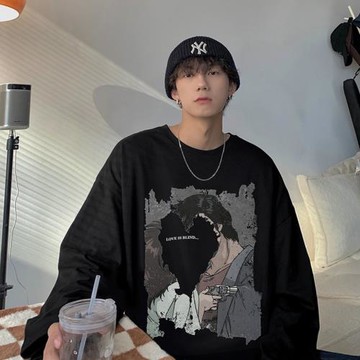 美式高街長袖t恤男春秋潮流寬松圓領體恤男士打底衫潮牌復古上衣