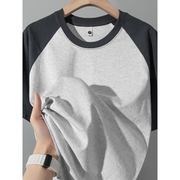 撞色設計感！250g重磅插肩袖T恤男女夏季純棉短袖寬松百搭上衣服