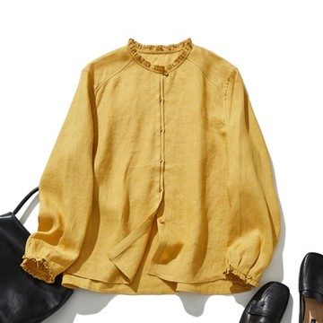 前襟細節設計 100% 亞麻荷葉邊上衣 簡約優雅 深黃色　240409-4