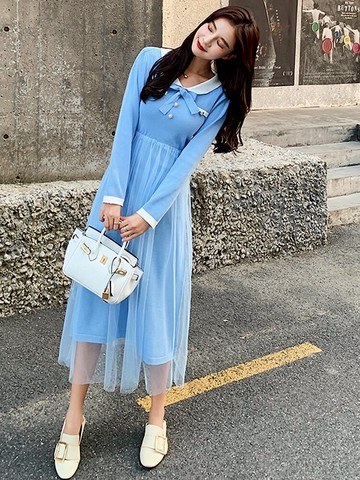 春裝女裝新款V領蝴蝶結網紗連衣裙女中長款拼接針織打底裙子1入